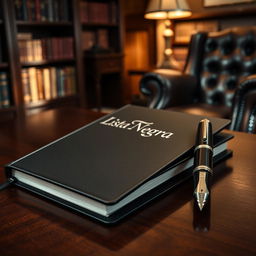 A sleek black notebook with the words 'Lista Negra' embossed in silvery letters on the cover