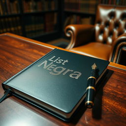 A sleek black notebook with the words 'Lista Negra' embossed in silvery letters on the cover