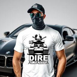 A logo titled "Dire Aljazira" featuring a masked person standing powerfully on top of a tank