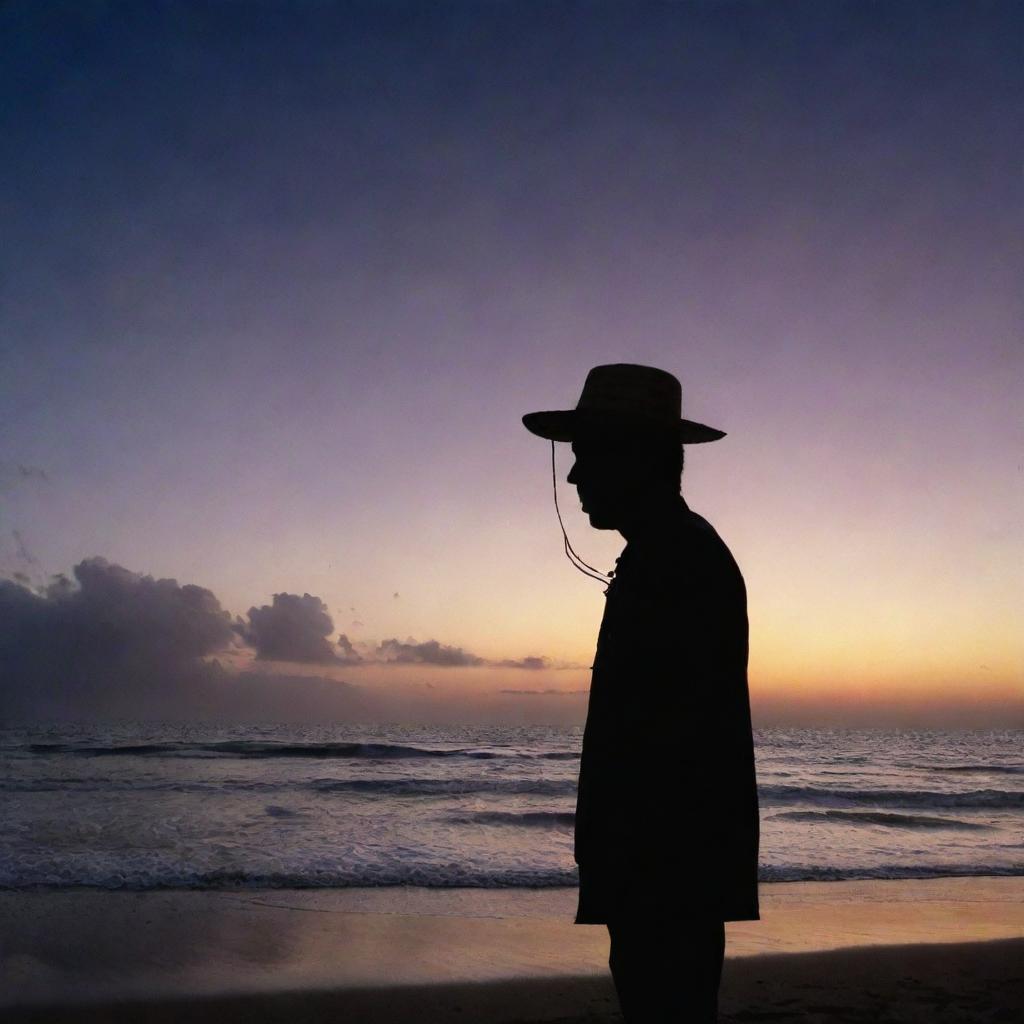 Silhouette of a person with a large nose, standing on a beach, wearing a traditional Peruvian hat under a twilight sky.