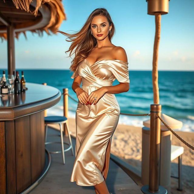 A 5'9" woman weighing 175 pounds with a 38DD bust, and flowing brown hair stands gracefully at a bar near a beach, with the scenic sea creating a breathtaking backdrop