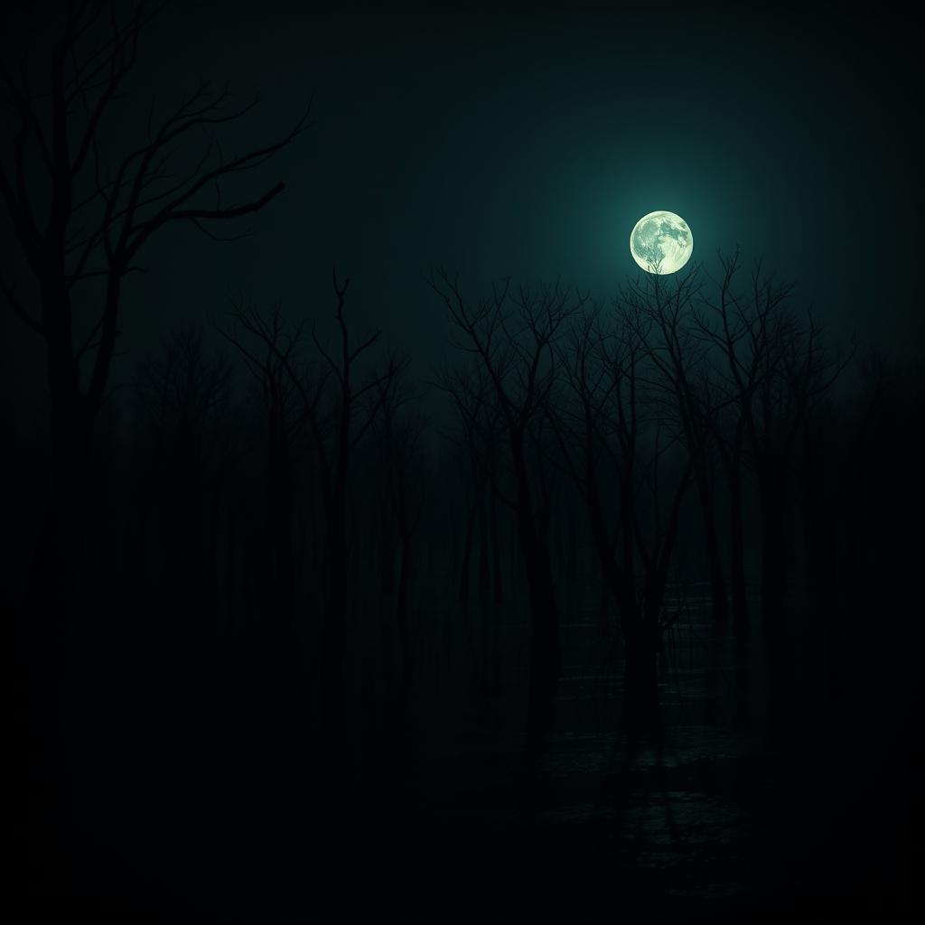 A super dark swamp scene featuring shadowy trees silhouetted against a dim moonlit sky