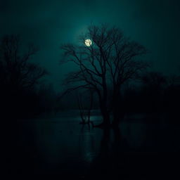 A super dark swamp scene featuring shadowy trees silhouetted against a dim moonlit sky