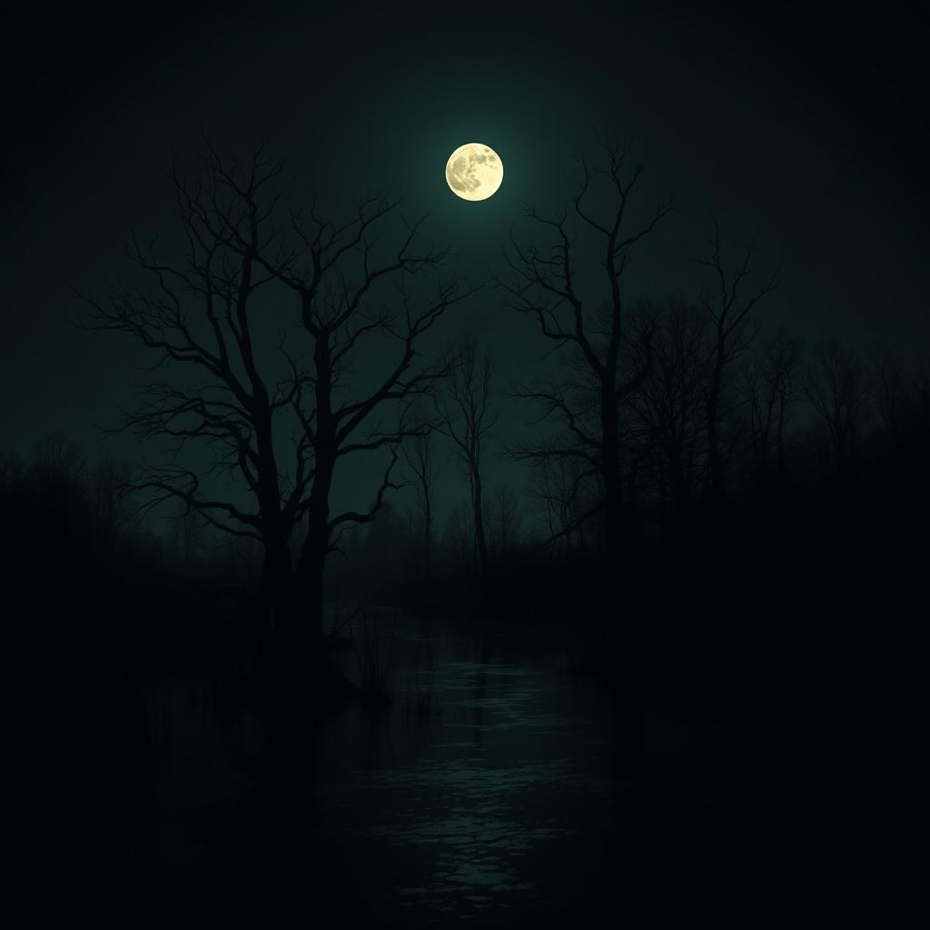 A super dark swamp scene featuring shadowy trees silhouetted against a dim moonlit sky