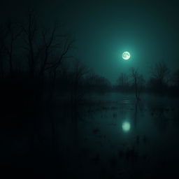 A super dark swamp scene featuring shadowy trees silhouetted against a dim moonlit sky