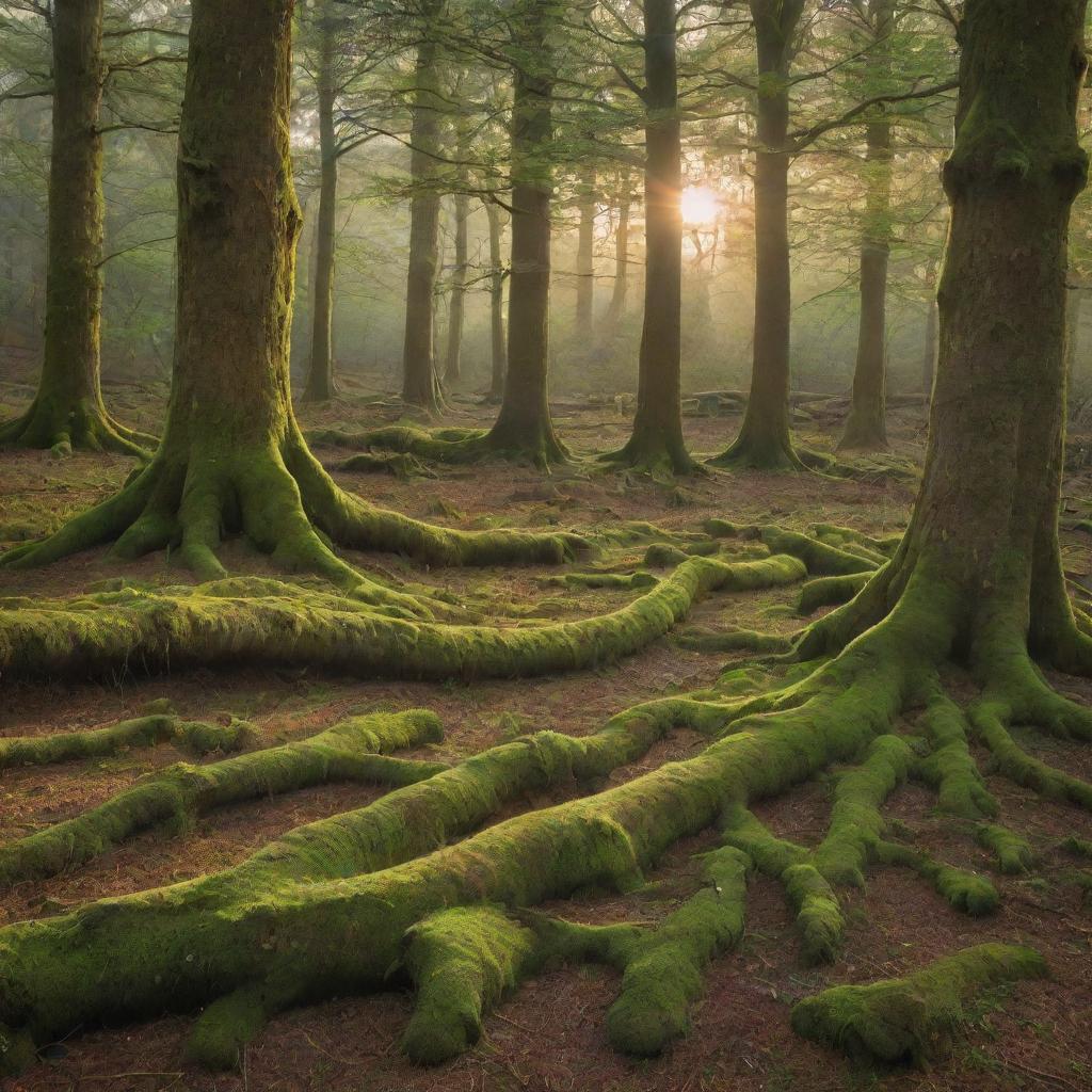 An enchanting forest glade bathed in the soft light of a setting sun, with a carpet of mossy green underfoot and towering ancient trees that reach skywards, vibrant with life and mystery.