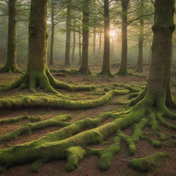 An enchanting forest glade bathed in the soft light of a setting sun, with a carpet of mossy green underfoot and towering ancient trees that reach skywards, vibrant with life and mystery.