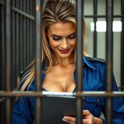 An extreme close-up view through prison bars featuring an attractive female officer with wet blonde hair