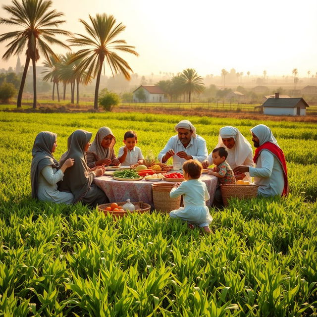 A picturesque family gathering of Muslim farmers in rural Cairo, set amidst lush agricultural fields