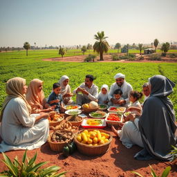 A picturesque family gathering of Muslim farmers in rural Cairo, set amidst lush agricultural fields