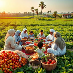 A picturesque family gathering of Muslim farmers in rural Cairo, set amidst lush agricultural fields