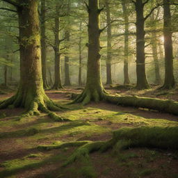 An enchanting forest glade bathed in the soft light of a setting sun, with a carpet of mossy green underfoot and towering ancient trees that reach skywards, vibrant with life and mystery.