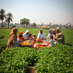 A picturesque family gathering of Muslim farmers in rural Cairo, set amidst lush agricultural fields