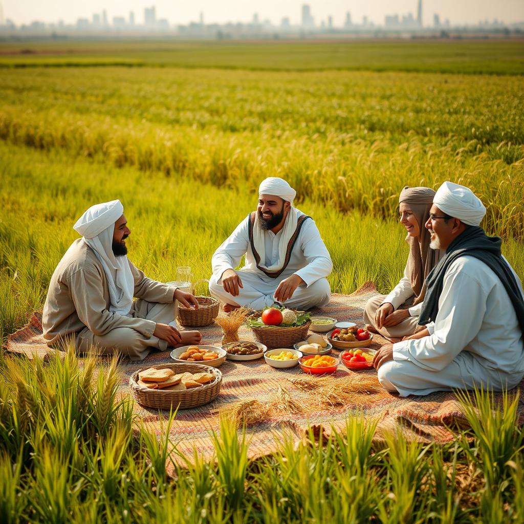 A warm and inviting scene depicting a family gathering of Muslim farmers during lunchtime in rural Cairo