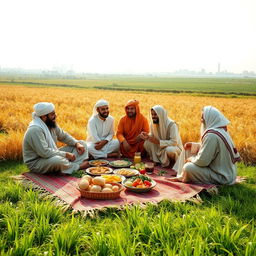 A warm and inviting scene depicting a family gathering of Muslim farmers during lunchtime in rural Cairo