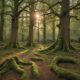 An enchanting forest glade bathed in the soft light of a setting sun, with a carpet of mossy green underfoot and towering ancient trees that reach skywards, vibrant with life and mystery.