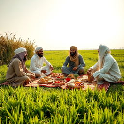 A warm and inviting scene depicting a family gathering of Muslim farmers during lunchtime in rural Cairo