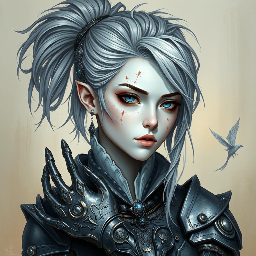 A mystical portrait of an Earth genasi with grey and white hair styled in a messy ponytail, adorned in elaborate armor