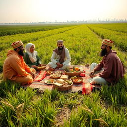 A warm and inviting scene depicting a family gathering of Muslim farmers during lunchtime in rural Cairo