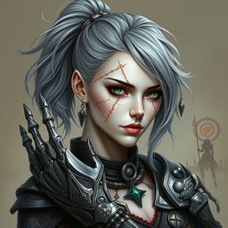 A mystical portrait of an Earth genasi with grey and white hair styled in a messy ponytail, adorned in elaborate armor