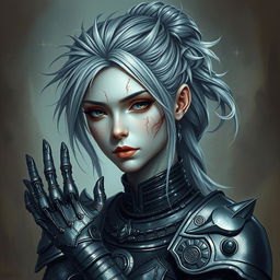 A mystical portrait of an Earth genasi with grey and white hair styled in a messy ponytail, adorned in elaborate armor