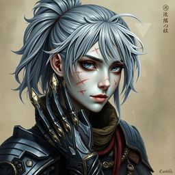 A mystical portrait of an Earth genasi with grey and white hair styled in a messy ponytail, adorned in elaborate armor