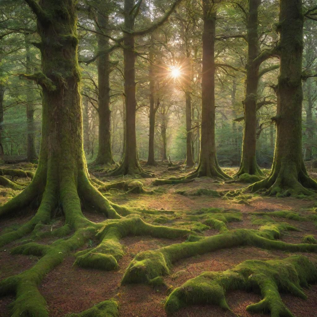 An enchanting forest glade bathed in the soft light of a setting sun, with a carpet of mossy green underfoot and towering ancient trees that reach skywards, vibrant with life and mystery.