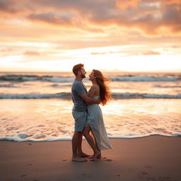 A romantic couple in a warm embrace, standing on a picturesque sandy beach during sunset