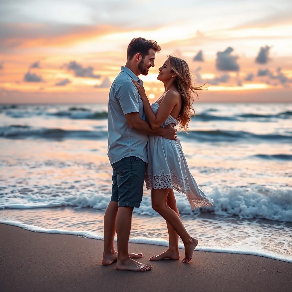 A romantic couple in a warm embrace, standing on a picturesque sandy beach during sunset