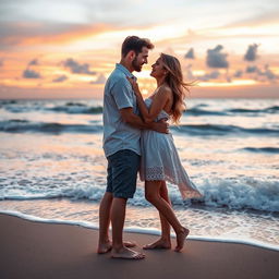 A romantic couple in a warm embrace, standing on a picturesque sandy beach during sunset