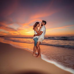 A romantic couple in a warm embrace, standing on a picturesque sandy beach during sunset