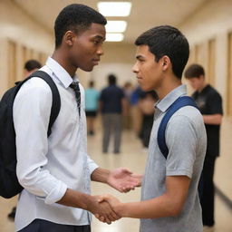 A young man sincerely apologizing to another male student in a bustling school hallway, illustrating a pivotal moment of reconciliation.