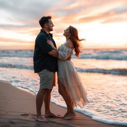 A romantic couple in a warm embrace, standing on a picturesque sandy beach during sunset