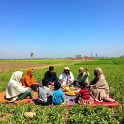 A picturesque family gathering of Muslim farmers in rural Cairo, sitting together in an agricultural field during lunchtime