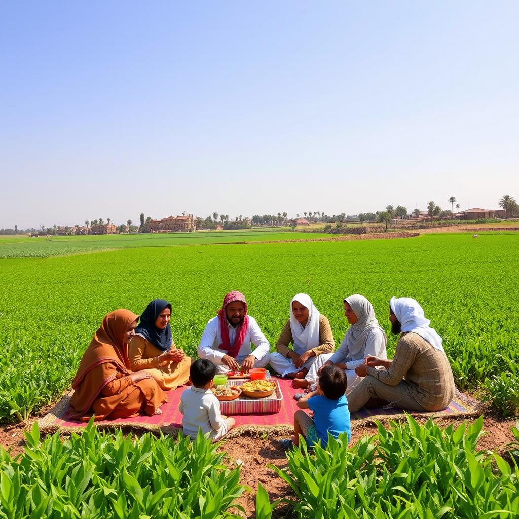 A picturesque family gathering of Muslim farmers in rural Cairo, sitting together in an agricultural field during lunchtime