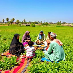 A picturesque family gathering of Muslim farmers in rural Cairo, sitting together in an agricultural field during lunchtime