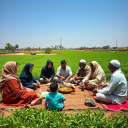 A picturesque family gathering of Muslim farmers in rural Cairo, sitting together in an agricultural field during lunchtime