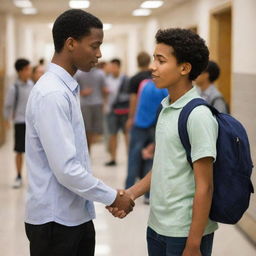 A young man sincerely apologizing to another male student in a bustling school hallway, illustrating a pivotal moment of reconciliation.