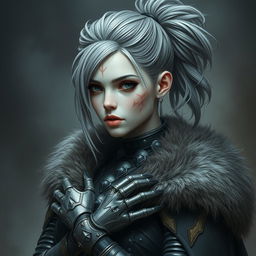 A mystical portrait of an Earth genasi with grey and white hair styled in a messy ponytail, adorned in elaborate armor