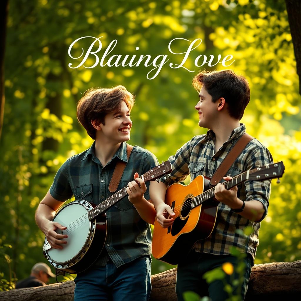 A romantic movie poster featuring a gay male couple in their early twenties playing bluegrass music together