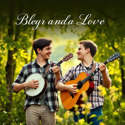 A romantic movie poster featuring a gay male couple in their early twenties playing bluegrass music together