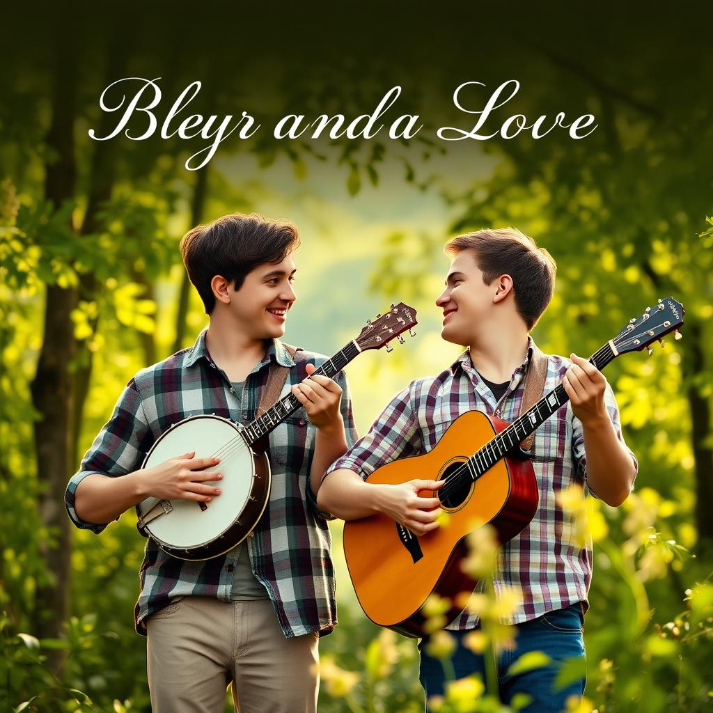 A romantic movie poster featuring a gay male couple in their early twenties playing bluegrass music together