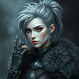 A mystical portrait of an Earth genasi with grey and white hair styled in a messy ponytail, adorned in elaborate armor