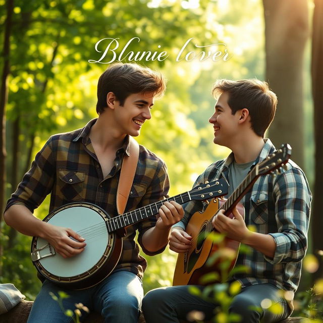 A romantic movie poster featuring a gay male couple in their early twenties playing bluegrass music together