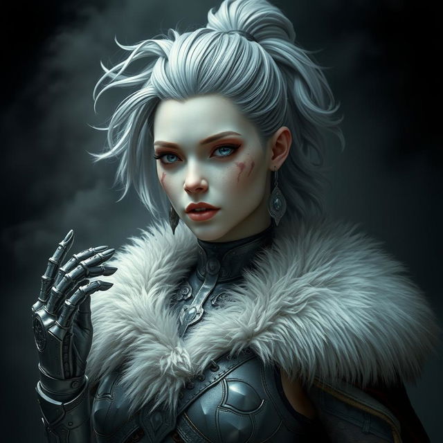 A mystical portrait of an Earth genasi with grey and white hair styled in a messy ponytail, adorned in elaborate armor