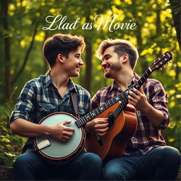 A romantic movie poster featuring a gay male couple in their early twenties playing bluegrass music together