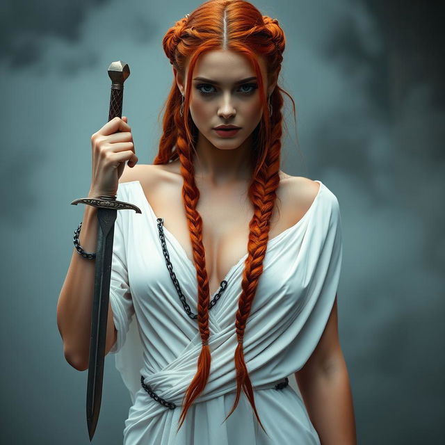 A captivating woman with long red hair styled with intricate braids, wearing an elegant white gown that drapes gracefully around her