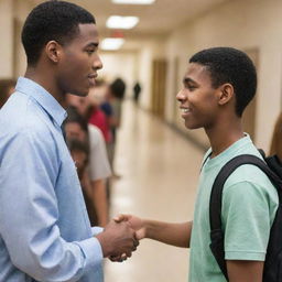 A young man sincerely apologizing to another male student in a bustling school hallway, illustrating a pivotal moment of reconciliation.