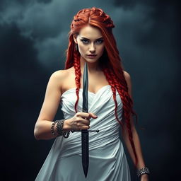 A captivating woman with long red hair styled with intricate braids, wearing an elegant white gown that drapes gracefully around her