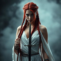 A captivating woman with long red hair styled with intricate braids, wearing an elegant white gown that drapes gracefully around her